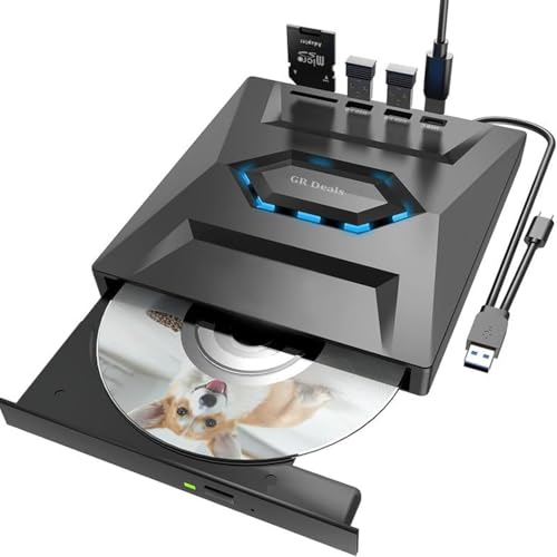 GR Deals External CD DVD Drive for Laptop, USB C Portable CD/DVD +/-RW Burner, DVD Player with SD Card Reader & USB 3.0 Type C Hub - Compatible with Laptop, Desktop, PC, Windows, Linux. Black. - Image 1