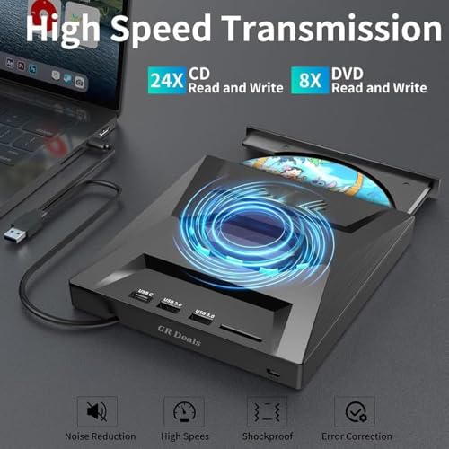 GR Deals External CD DVD Drive for Laptop, USB C Portable CD/DVD +/-RW Burner, DVD Player with SD Card Reader & USB 3.0 Type C Hub - Compatible with Laptop, Desktop, PC, Windows, Linux. Black. - Image 5
