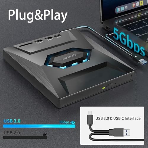 GR Deals External CD DVD Drive for Laptop, USB C Portable CD/DVD +/-RW Burner, DVD Player with SD Card Reader & USB 3.0 Type C Hub - Compatible with Laptop, Desktop, PC, Windows, Linux. Black. - Image 3
