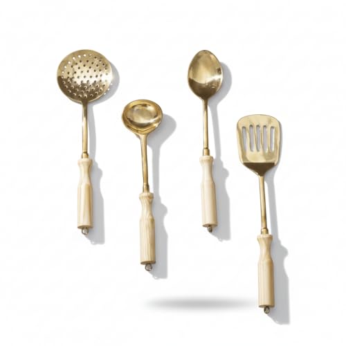 P-TAL Brass Ladle Set for Kitchen Ptal Brass Utensils Serving and Kitchen Tools Scoop Ladle Skimmer Serving Spoon Spatula Set of 4 (Free 30ml Copper & Bras Cleaning Solution) - Image 1