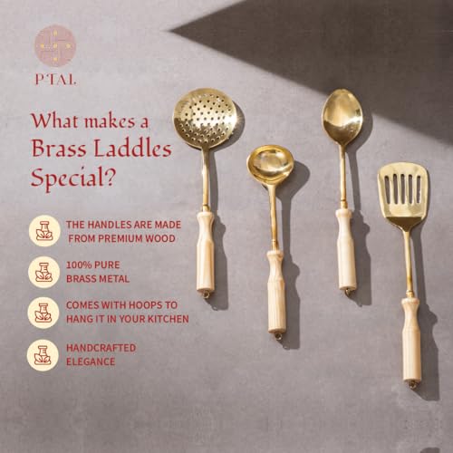 P-TAL Brass Ladle Set for Kitchen Ptal Brass Utensils Serving and Kitchen Tools Scoop Ladle Skimmer Serving Spoon Spatula Set of 4 (Free 30ml Copper & Bras Cleaning Solution) - Image 3
