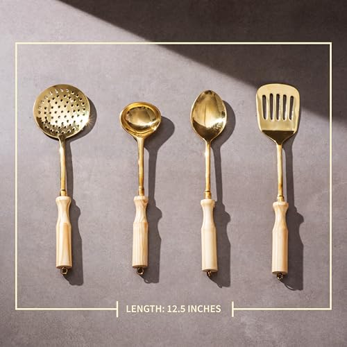 P-TAL Brass Ladle Set for Kitchen Ptal Brass Utensils Serving and Kitchen Tools Scoop Ladle Skimmer Serving Spoon Spatula Set of 4 (Free 30ml Copper & Bras Cleaning Solution) - Image 2