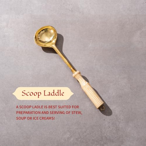 P-TAL Brass Ladle Set for Kitchen Ptal Brass Utensils Serving and Kitchen Tools Scoop Ladle Skimmer Serving Spoon Spatula Set of 4 (Free 30ml Copper & Bras Cleaning Solution) - Image 5