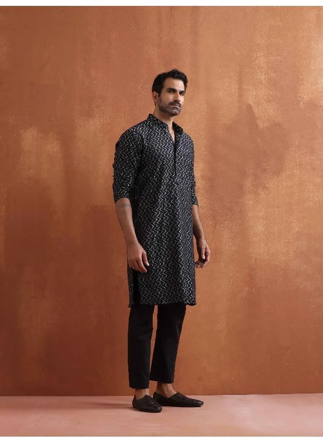 ترو برونز Men's Black Cotton Dobby Kurta