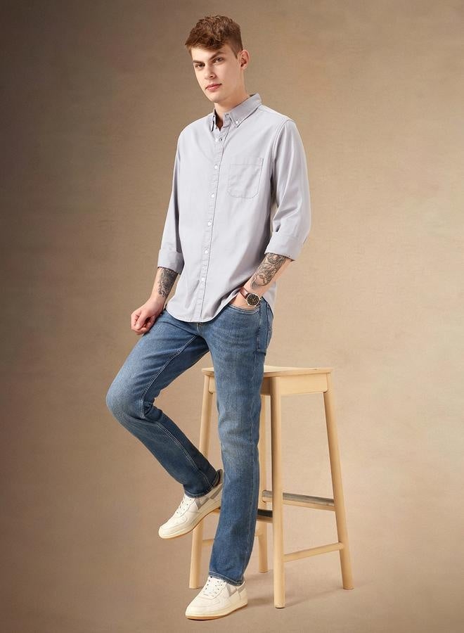 Dennis Lingo Relaxed Fit Grey Cotton Casual Shirt Button Down Collar - Image 1