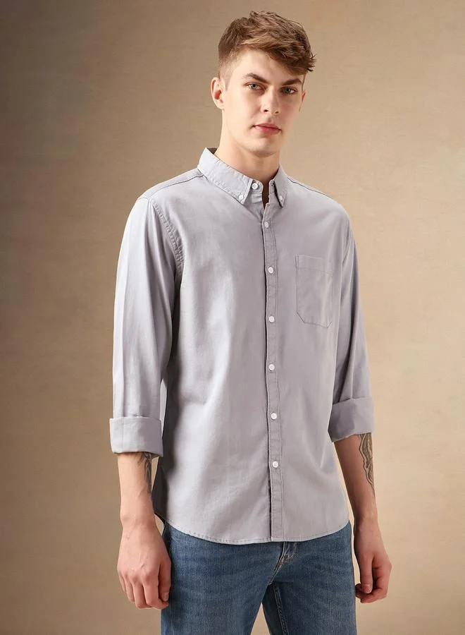 Dennis Lingo Relaxed Fit Grey Cotton Casual Shirt Button Down Collar