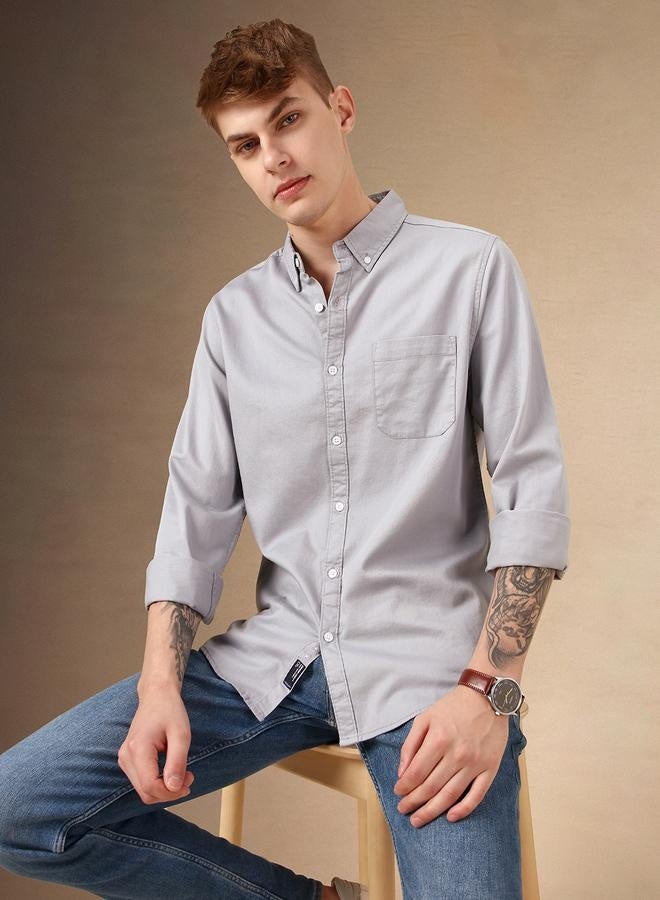 Dennis Lingo Relaxed Fit Grey Cotton Casual Shirt Button Down Collar - Image 2