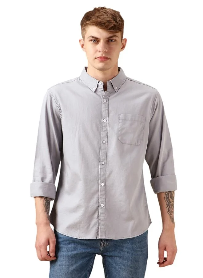 Dennis Lingo Relaxed Fit Grey Cotton Casual Shirt Button Down Collar
