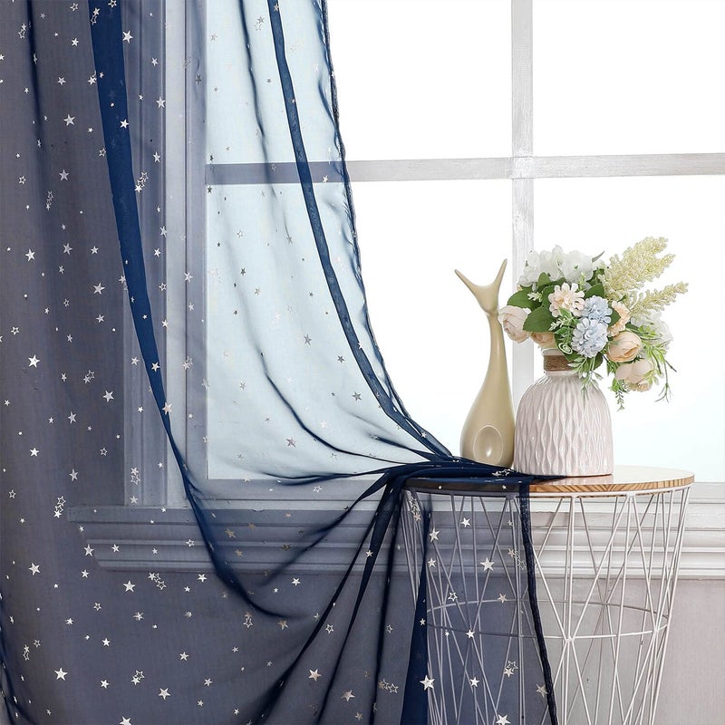 WUBODTI WUBODTI Semi Sheer Star Curtains Set of 2 Panels 63 Inch Length Kids Bedroom Navy Starry Moon Transparent Window Curtain Rod Pocket Sparkly Space Theme Drapes for Boys Baby Room Navy Blue 