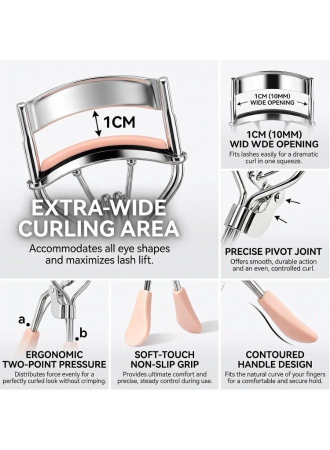 GlamKit 2 PCS Wide Opening Eyelash Curler Set, Ergonomic Curved Handle Lash Curling Tool, Stainless Steel Frame with Soft Non-slip Pink & Green Silicone Grips, Extra Wide Curling Area for All Eye Shapes, Long Lasting Eyelash Lift Makeup Accessory - Image 3