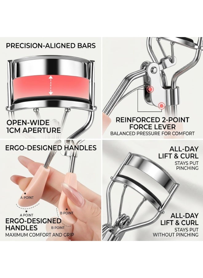 GlamKit 2 PCS Wide Opening Eyelash Curler Set, Ergonomic Curved Handle Lash Curling Tool, Stainless Steel Frame with Soft Non-slip Pink & Green Silicone Grips, Extra Wide Curling Area for All Eye Shapes, Long Lasting Eyelash Lift Makeup Accessory - Image 4