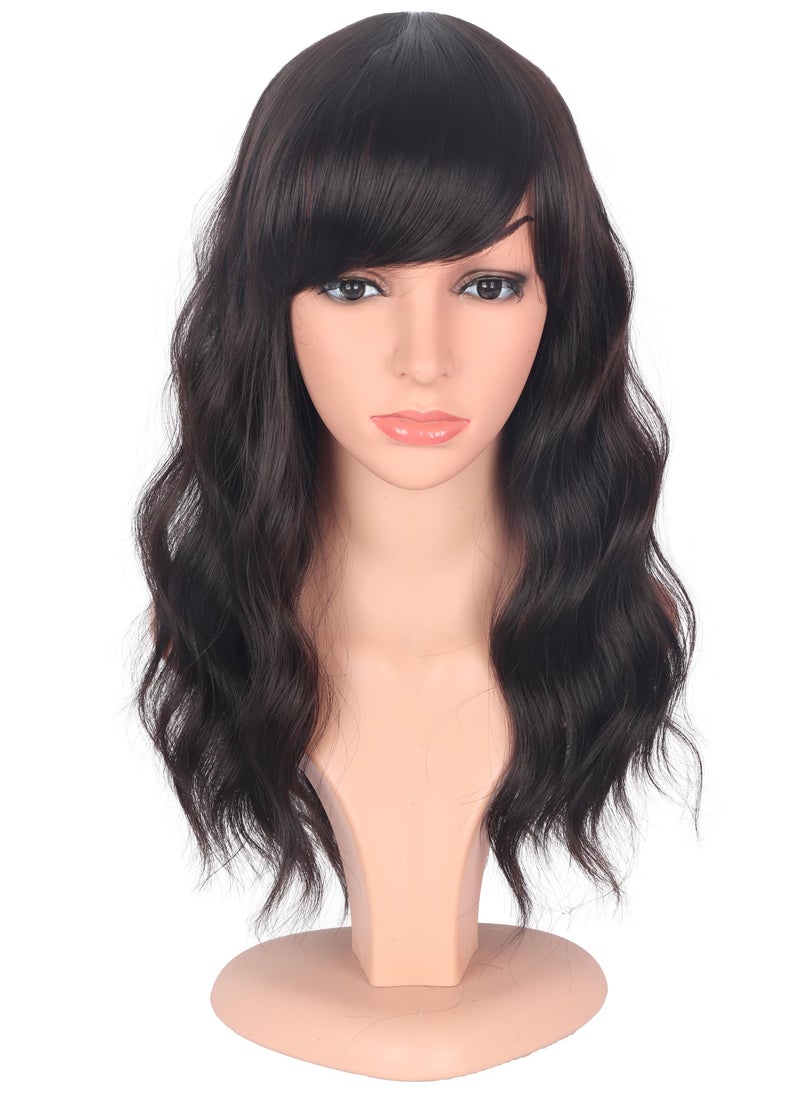 SYMEIW Medium Length Dark Brown Wavy Wigs With Bangs For Women  Heat Resistant Synthetic Brown Wigs For Daily Use DARK BROWN2