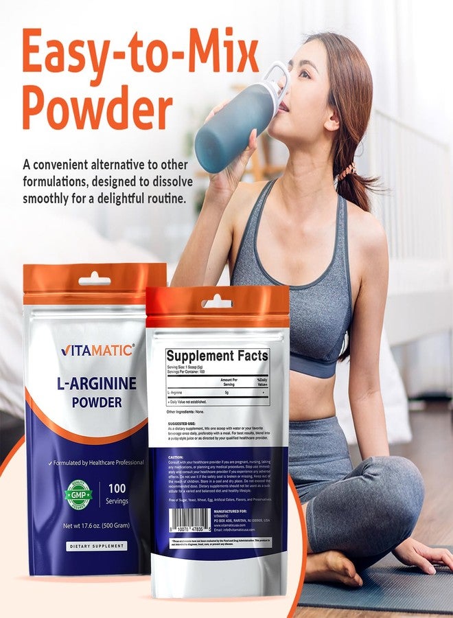 Vitamatic L-Arginine Pure Powder 500 Gram | Unflavored | Non GMO | Gluten Free | No Additives | 5000mg Per Serving | 100 Servings - Image 3