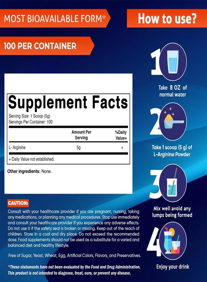 Vitamatic L-Arginine Pure Powder 500 Gram | Unflavored | Non GMO | Gluten Free | No Additives | 5000mg Per Serving | 100 Servings - Image 2