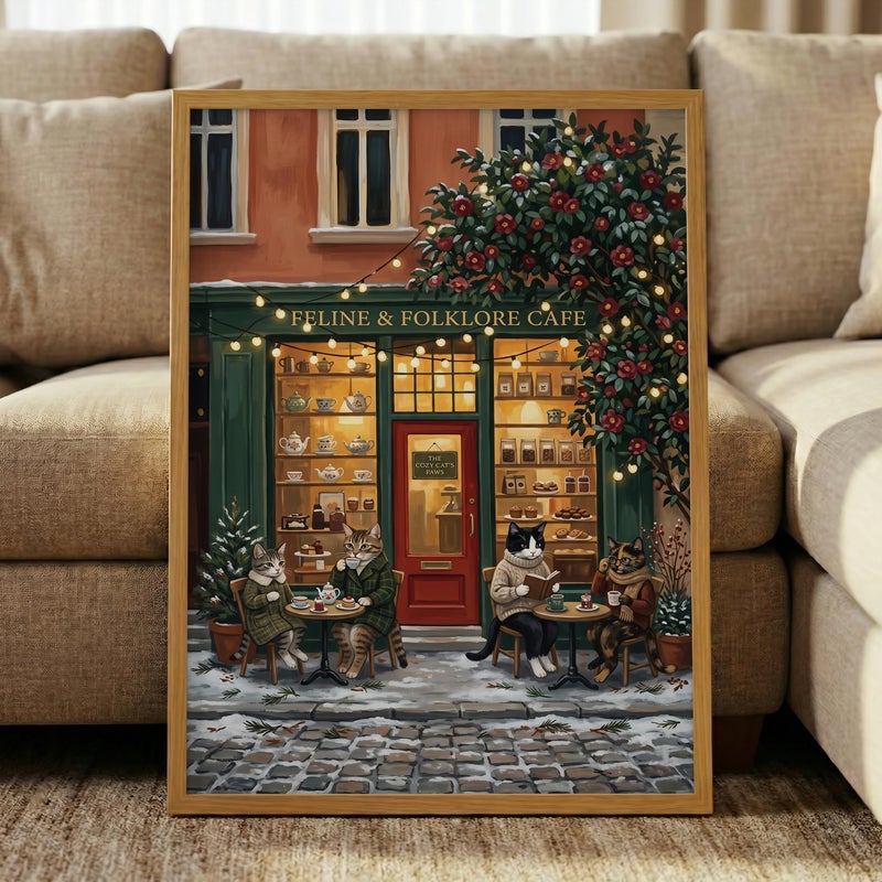 TNESSENTIAL Cozy Cat Cafe Print – Winter Coffee Shop Wall Art, Feline Folklore Poster, Book Lover Cat Illustration, Tea Time Decor, Reading Nook Art - Image 5
