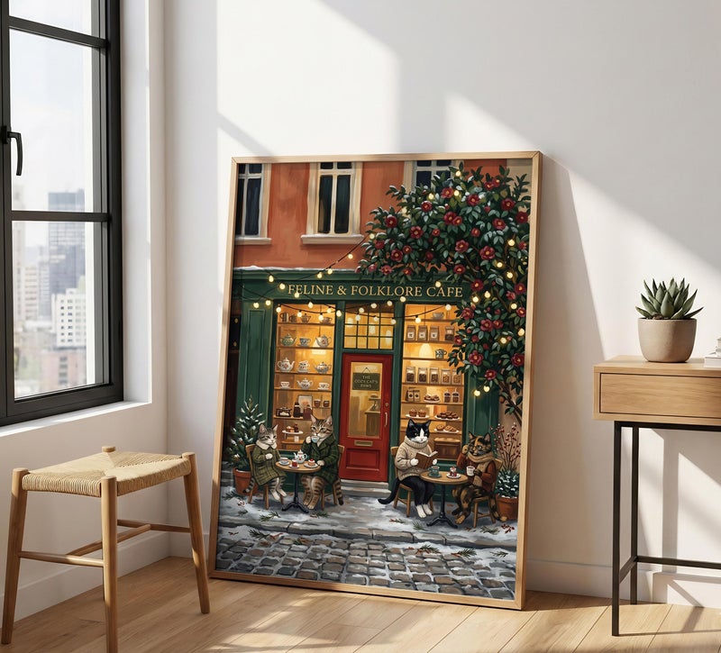TNESSENTIAL Cozy Cat Cafe Print – Winter Coffee Shop Wall Art, Feline Folklore Poster, Book Lover Cat Illustration, Tea Time Decor, Reading Nook Art - Image 1