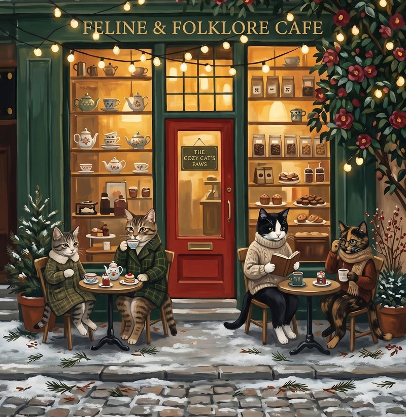 TNESSENTIAL Cozy Cat Cafe Print – Winter Coffee Shop Wall Art, Feline Folklore Poster, Book Lover Cat Illustration, Tea Time Decor, Reading Nook Art - Image 2