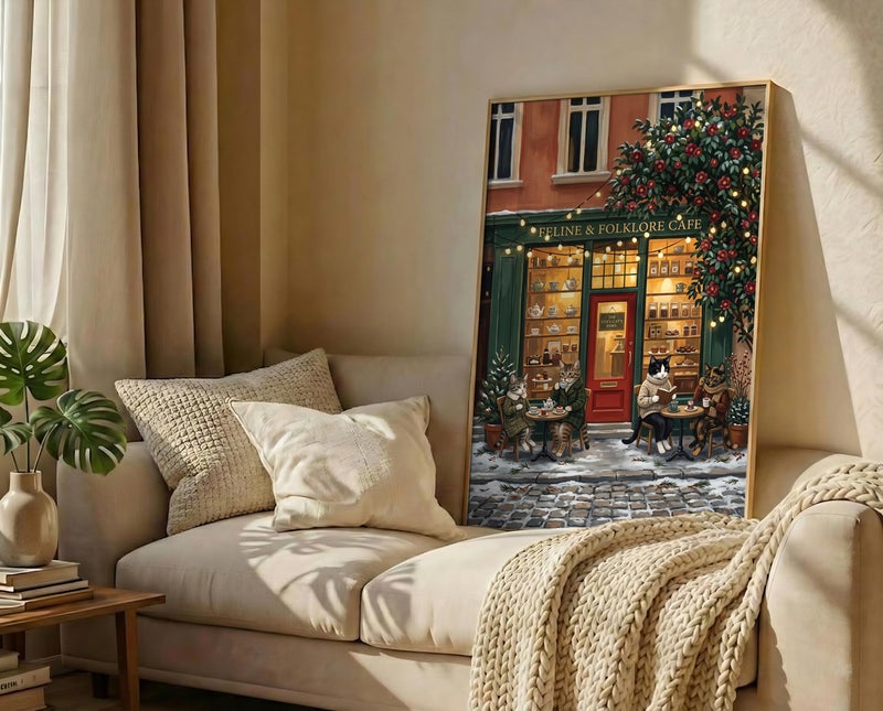 TNESSENTIAL Cozy Cat Cafe Print – Winter Coffee Shop Wall Art, Feline Folklore Poster, Book Lover Cat Illustration, Tea Time Decor, Reading Nook Art - Image 3