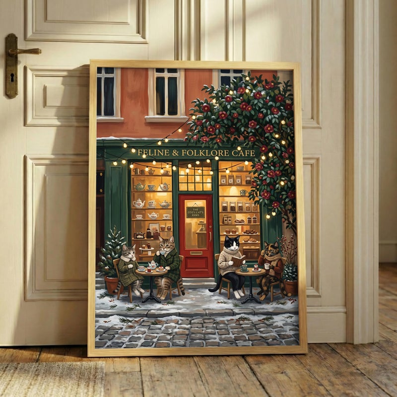 TNESSENTIAL Cozy Cat Cafe Print – Winter Coffee Shop Wall Art, Feline Folklore Poster, Book Lover Cat Illustration, Tea Time Decor, Reading Nook Art - Image 4