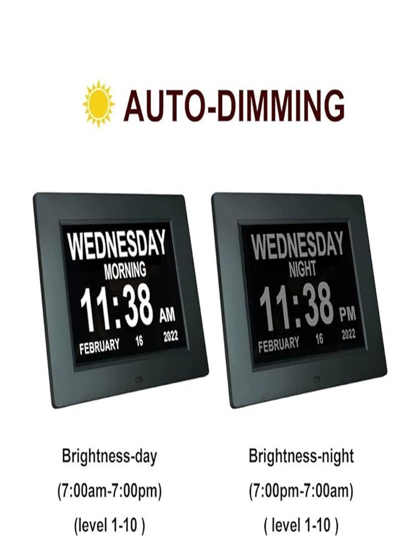 Generic - Upgraded Digital Day Clock for Seniors, Extra Large Calendar Clocks with Day of The Week Date Time, 8 Alarms Dementia Memory Loss Impaired Vision Alzheimer’s Clock (8-inch Black) - Image 1