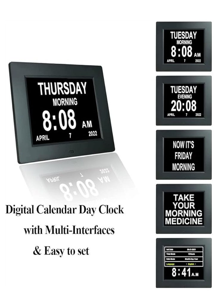 Generic - Upgraded Digital Day Clock for Seniors, Extra Large Calendar Clocks with Day of The Week Date Time, 8 Alarms Dementia Memory Loss Impaired Vision Alzheimer’s Clock (8-inch Black) - Image 1