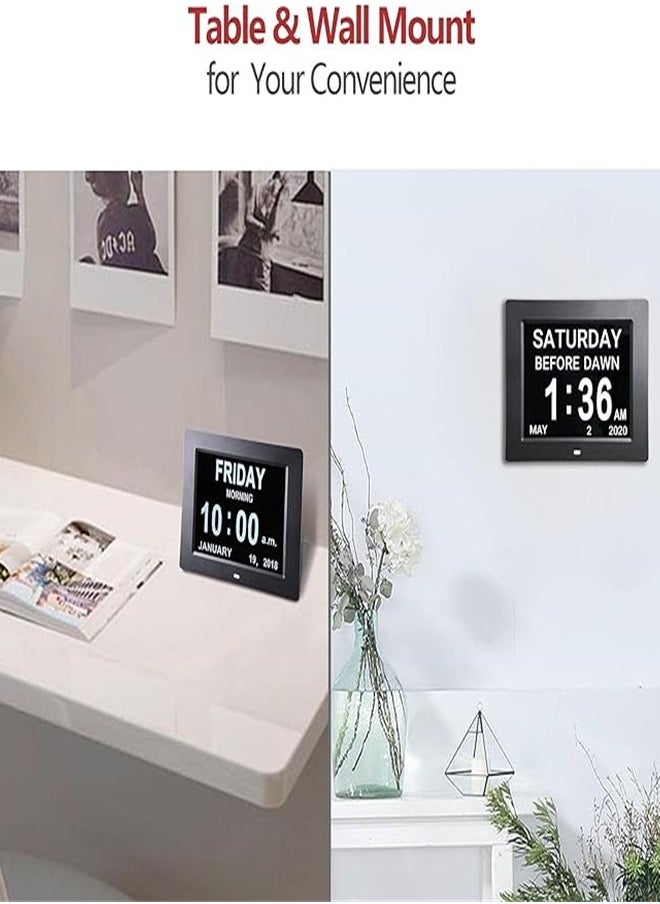 Generic - Upgraded Digital Day Clock for Seniors, Extra Large Calendar Clocks with Day of The Week Date Time, 8 Alarms Dementia Memory Loss Impaired Vision Alzheimer’s Clock (8-inch Black) - Image 1
