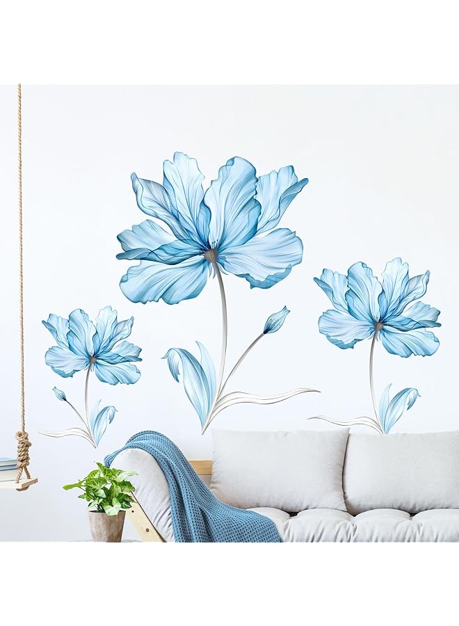 S-TOP Translucent Flowers Wall Decals, Light Blue Lotus Floral Wall Stickers Peel Peel and Stick Decal PVC Waterproof Self - Adhesive DIY Art Sticker for Aisle Bedroom Sofa TV Backdrop Wall Home Decor - Image 1