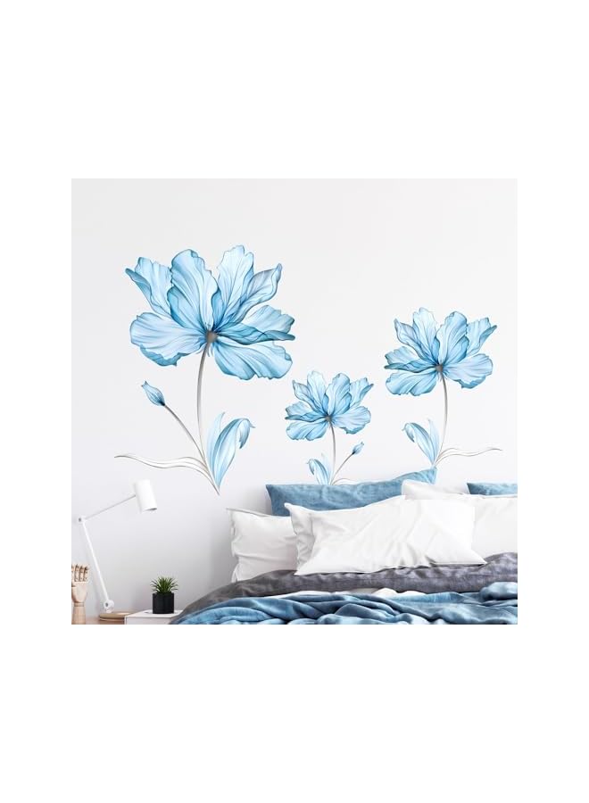 S-TOP Translucent Flowers Wall Decals, Light Blue Lotus Floral Wall Stickers Peel Peel and Stick Decal PVC Waterproof Self - Adhesive DIY Art Sticker for Aisle Bedroom Sofa TV Backdrop Wall Home Decor - Image 2