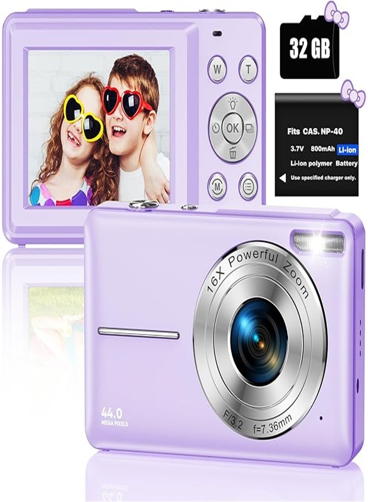 كاميرا رقمية صغيرة الحجم مع بطاقة SD سعة 32 جيجابايت، بدقة 1080 بكسل و44 ميجابكسل، وشاشة LCD مقاس 2.5 بوصة، وتكبير 16x، وسهلة الاستخدام، ومناسبة كهدية للأطفال والكبار (أرجواني) - Image 1