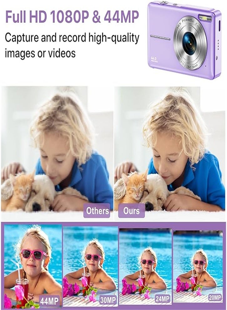 كاميرا رقمية صغيرة الحجم مع بطاقة SD سعة 32 جيجابايت، بدقة 1080 بكسل و44 ميجابكسل، وشاشة LCD مقاس 2.5 بوصة، وتكبير 16x، وسهلة الاستخدام، ومناسبة كهدية للأطفال والكبار (أرجواني) - Image 2