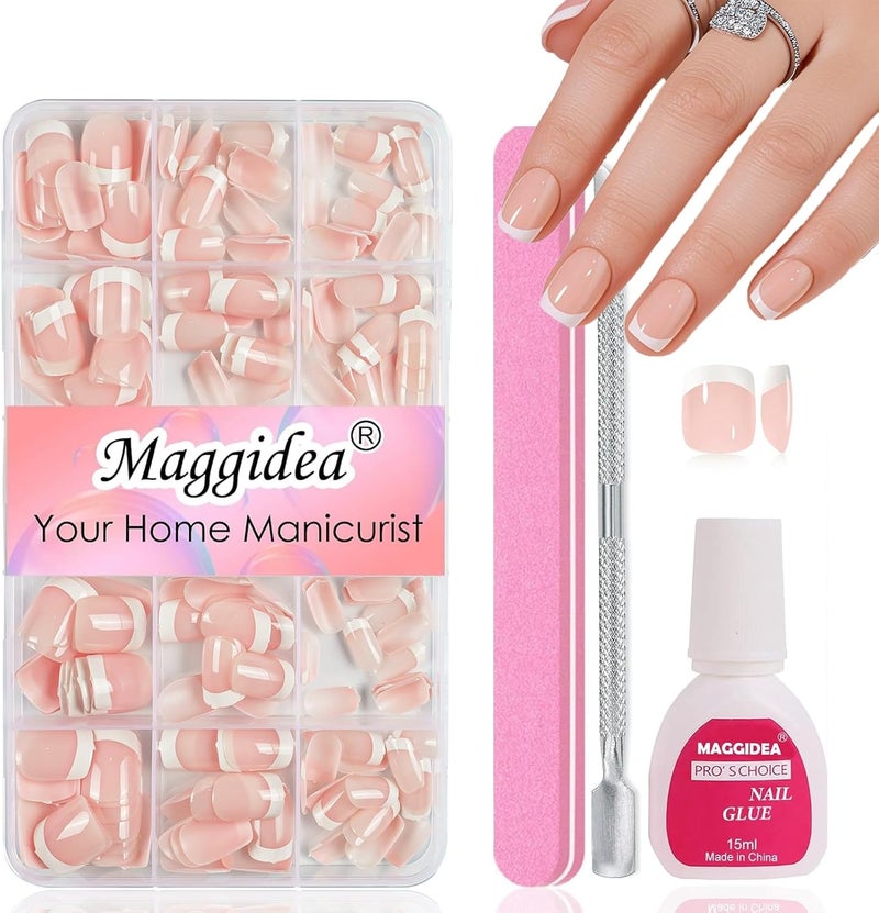 240Pcs French Tip False Nails Short Press On Nails with White Tip for Women Girls 15 Sizes Full Cover Stick Glue On Reusable Square Fake Nails French Manicure Decorations