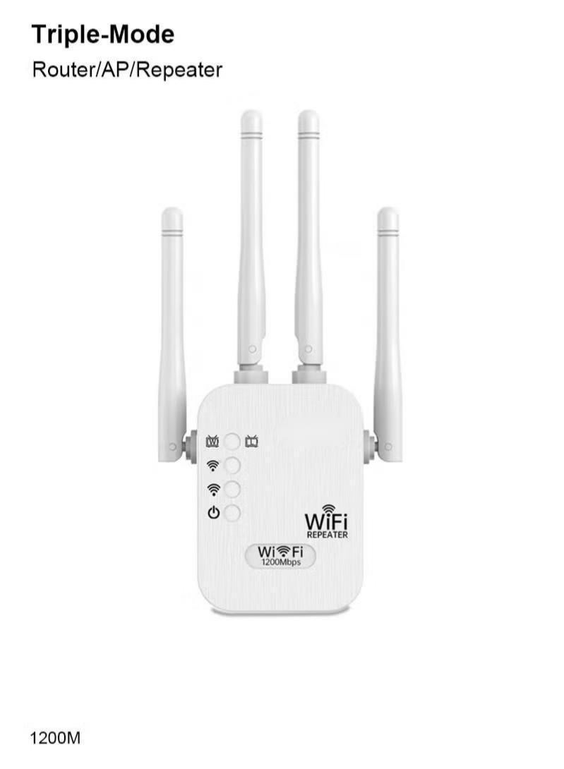 بست موسع نطاق واي فاي ثنائي النطاق 2.4G و5G بسرعة 1200 ميجابت في الثانية، مكرر، موجه نقطة وصول، وضع ثلاثي، تغطية 1722 قدمًا مربعًا، 4 هوائيات عالية الكسب، إقران بلمسة واحدة - Image 1