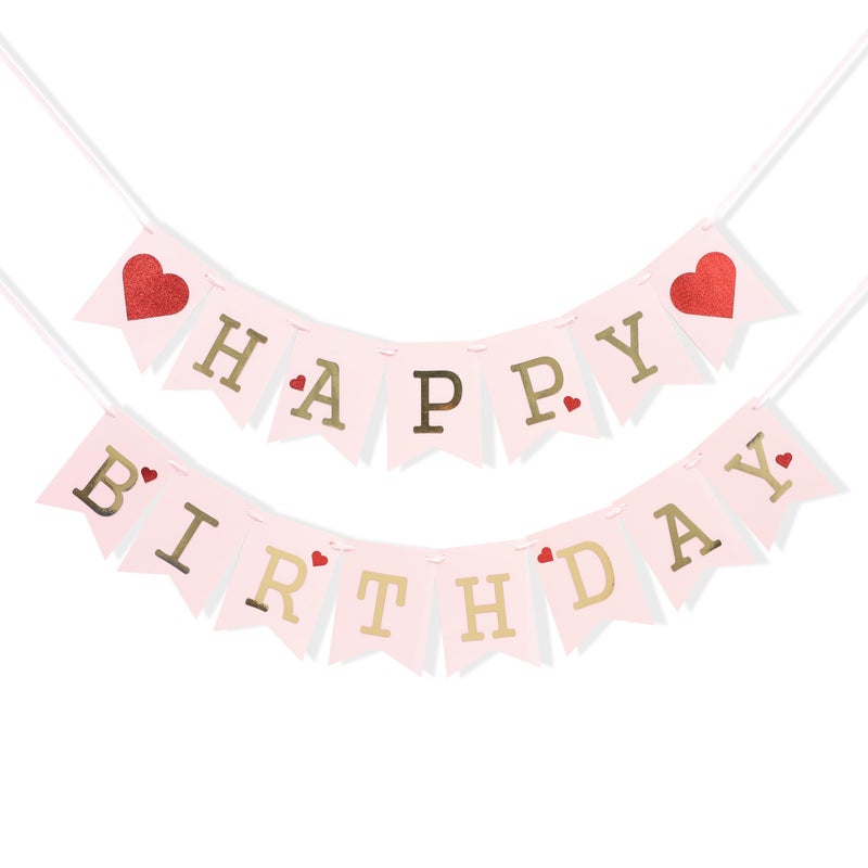 Jissoo Red Heart Happy Birthday Banner - Valentine'S Day Birthday Party Decorations Happy Birthday Pink Banner Photo Props Valentines Day Wall Hanging Banner Valentine Birthday Love Banner - Image 1