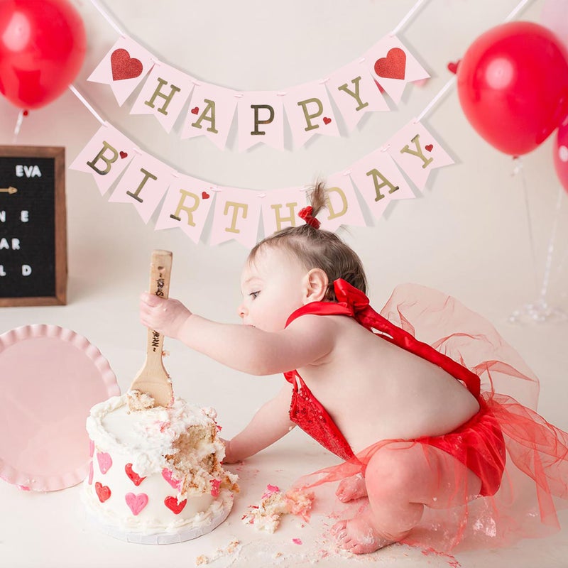 Jissoo Red Heart Happy Birthday Banner - Valentine'S Day Birthday Party Decorations Happy Birthday Pink Banner Photo Props Valentines Day Wall Hanging Banner Valentine Birthday Love Banner - Image 5