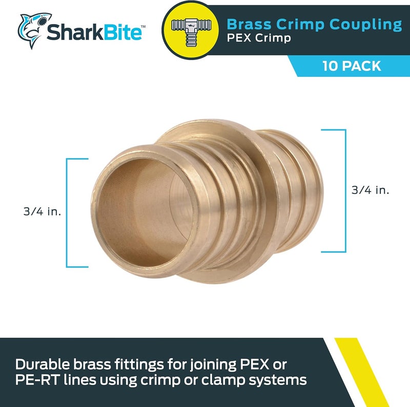 SharkBite 3/4 Inch Crimp Coupling, Pack of 10, Brass Plumbing Fitting, PEX Pipe, PE-RT, UC016LFA10 - Image 2