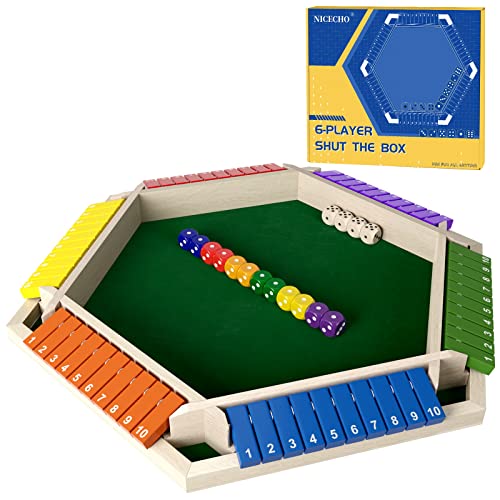 Nicecho 16 Players Shut The Box Dice Game Wooden Board Table Math Game with 16 Dice Classics Tabletop Version Games for Kids Adults FamilyClassroomHomeParty or Pub - Image 1