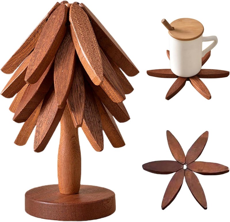 QIYLQE Natural Foldable Black Walnut Wooden Trivet Set - 4 Trivets + 1 Stand for Hot Dishes, Pot, Bowl, Teapot, Hot Pot Holders(Black Walnut) - Image 1