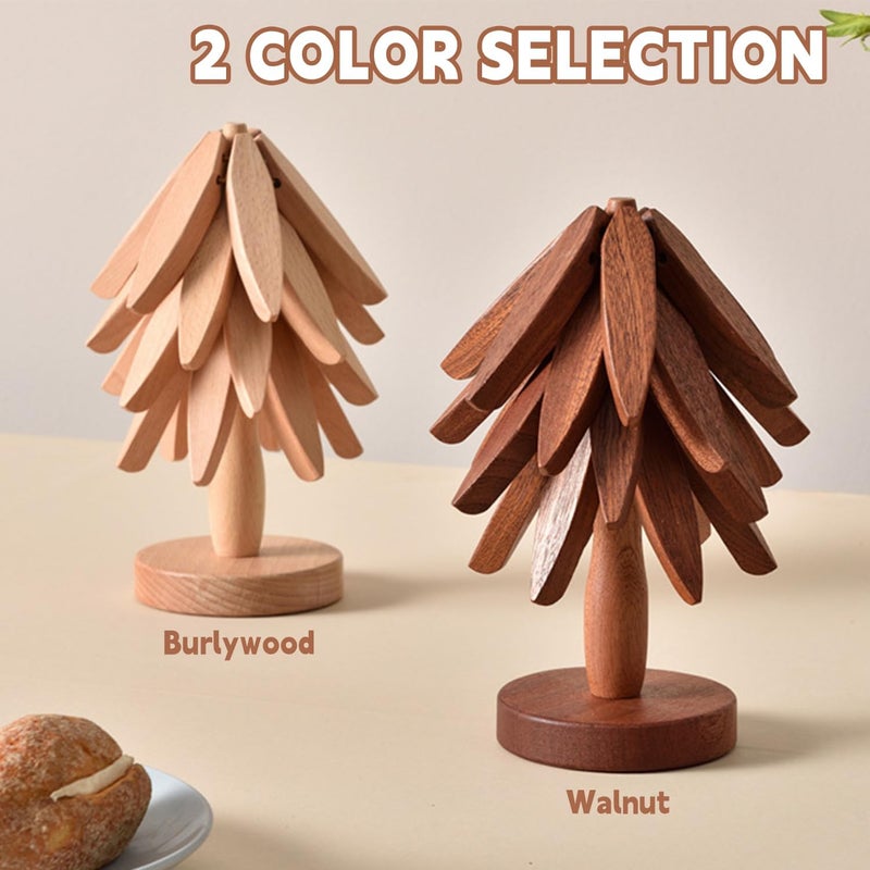QIYLQE Natural Foldable Black Walnut Wooden Trivet Set - 4 Trivets + 1 Stand for Hot Dishes, Pot, Bowl, Teapot, Hot Pot Holders(Black Walnut) - Image 2