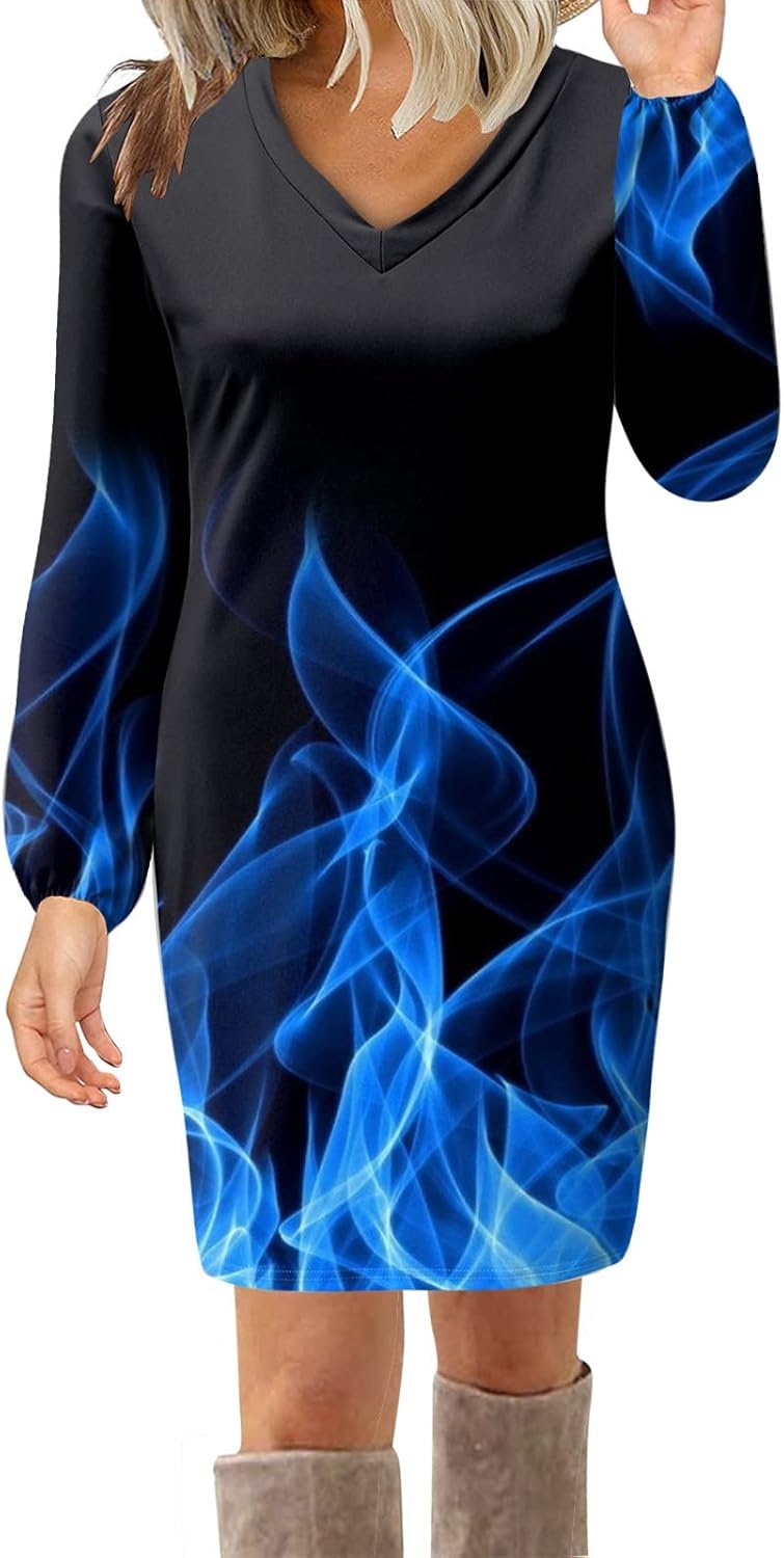 klarako Women Dress Spring Puff Long Sleeve Pullover Shirts Solid Vacation Work Slim Tunic Tops Cozy Home Mini Casual (Blue-02, XL) - Image 1
