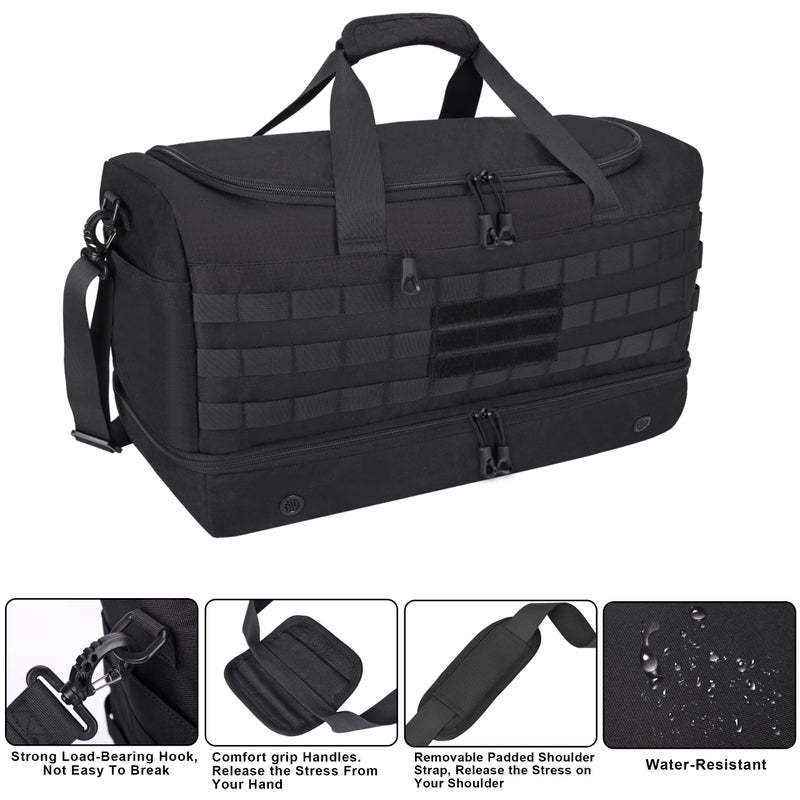 MOZETO Black Duffle Bag for Men, 40L Carry On Travel Duffle with Shoe Compartment Tactical Inspired Heavy Duty GYM Overnight Bag Wet-Dry Separated Compartment - Image 5
