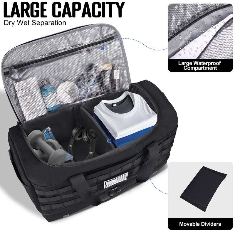MOZETO Black Duffle Bag for Men, 40L Carry On Travel Duffle with Shoe Compartment Tactical Inspired Heavy Duty GYM Overnight Bag Wet-Dry Separated Compartment - Image 2