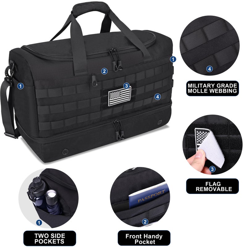 MOZETO Black Duffle Bag for Men, 40L Carry On Travel Duffle with Shoe Compartment Tactical Inspired Heavy Duty GYM Overnight Bag Wet-Dry Separated Compartment - Image 4