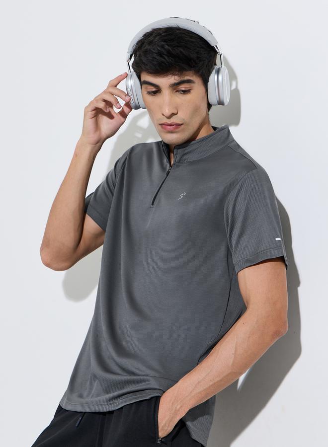 Styli Charcoal Solid High Neck Zip Active T-Shirt - Image 1