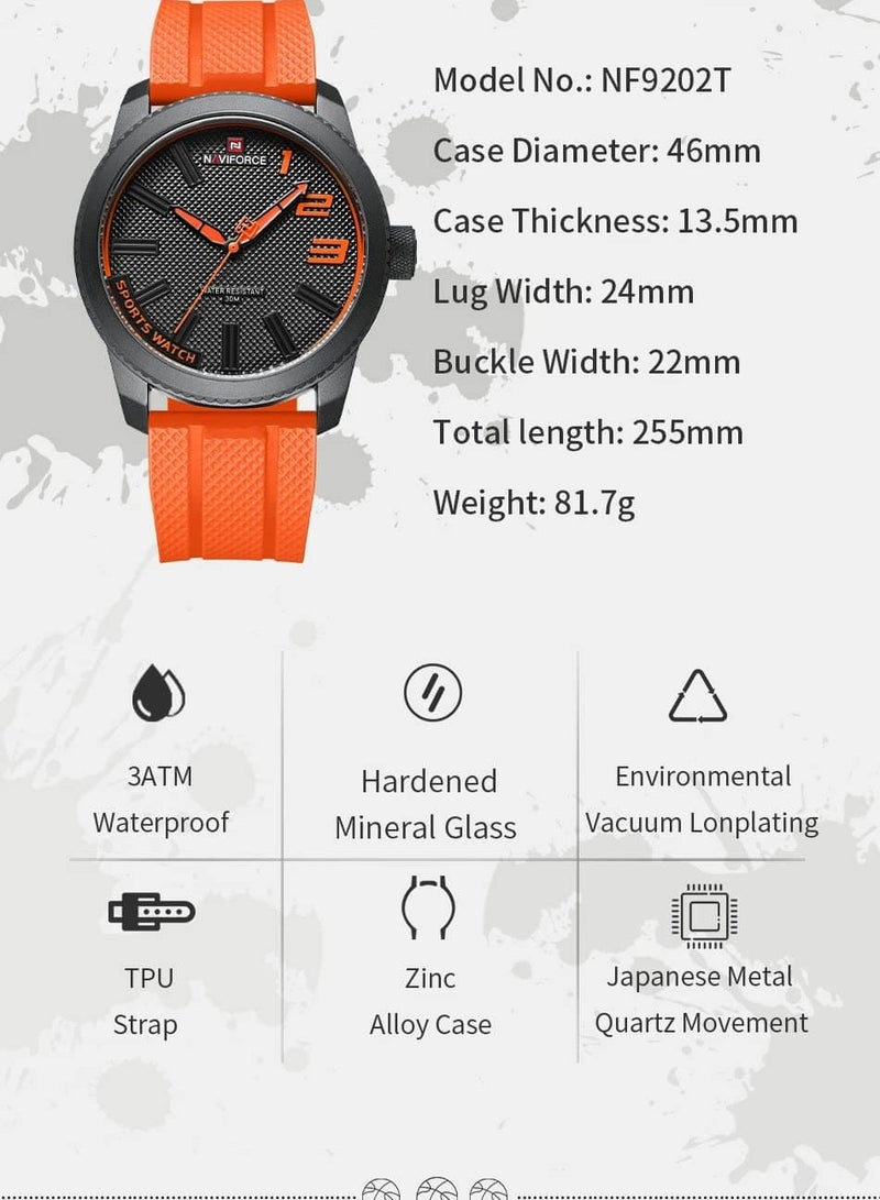 NAVIFORCE Men Black and Orange Sports Watch with Rubber Strap Durable Analog Quartz Wristwatch Water Resistant for Outdoor and Casual Wear  - Image 5