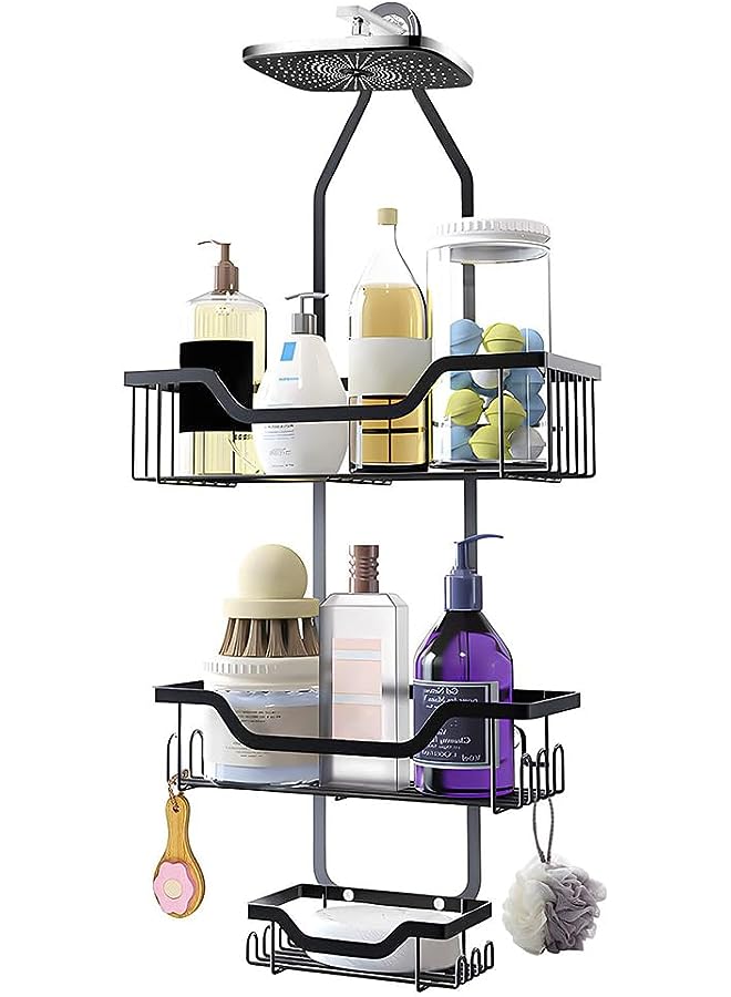 Raxoom Shower Caddy Basket, Over Shower Head Shower Organizer 3 Tier Shower Shelves, Bathroom Shower Storage Rack with 12 Hooks Soap Holder Strong Suction Cup, Rustproof Waterproof No Drilling Black - Image 1