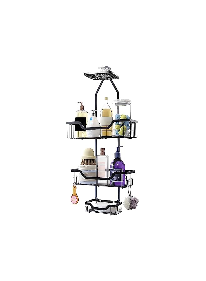 Raxoom Shower Caddy Basket, Over Shower Head Shower Organizer 3 Tier Shower Shelves, Bathroom Shower Storage Rack with 12 Hooks Soap Holder Strong Suction Cup, Rustproof Waterproof No Drilling Black - Image 2
