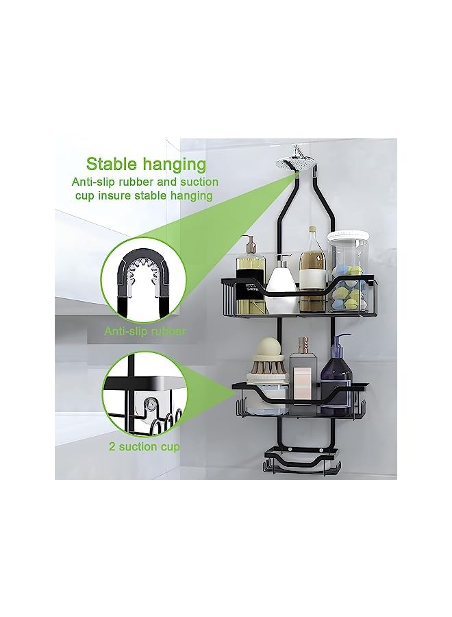 Raxoom Shower Caddy Basket, Over Shower Head Shower Organizer 3 Tier Shower Shelves, Bathroom Shower Storage Rack with 12 Hooks Soap Holder Strong Suction Cup, Rustproof Waterproof No Drilling Black - Image 5