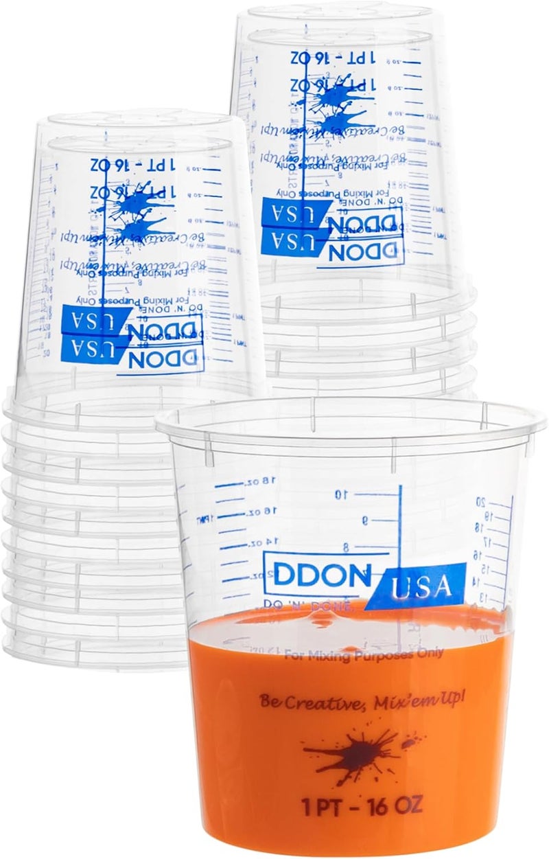 DDON USA 16 Oz Disposable Measuring Cups for Resin, Pack of 20 Clear Graduated Plastic Mixing Resin Epoxy Measuring Cups, Reusable Use for Paint, Epoxy Resin, Art, Kitchen - Liquid Mixing Cups - Image 1