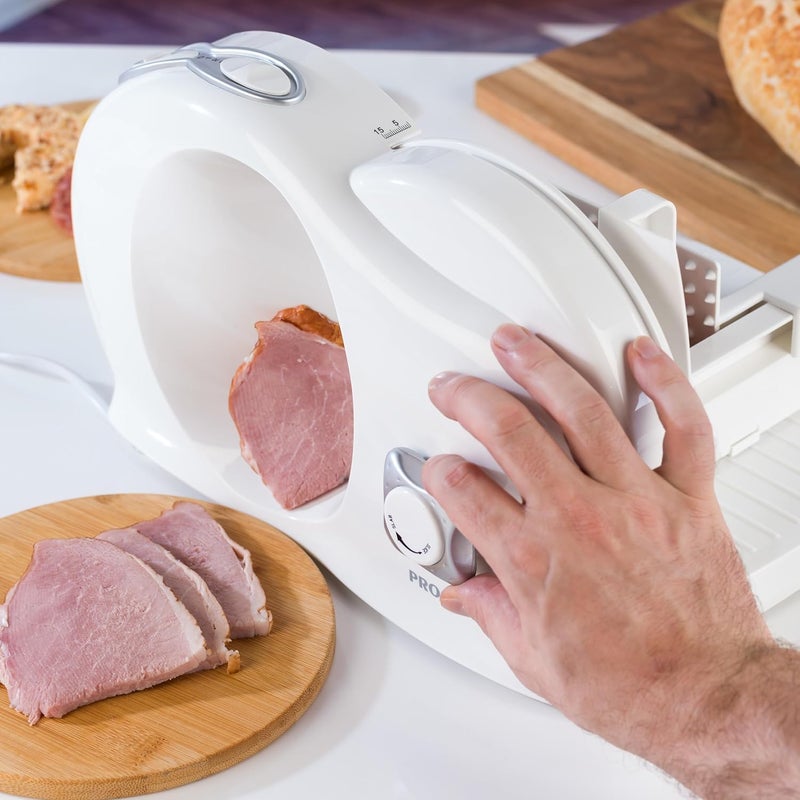 Progress EK3683P Compact Meat Slicer, Electric Food Cutter, 150 W, 3 Speed, 1-15mm Adjustable Cutting Thickness, Slicing Machine for Cold Cuts, Cheese, Bread, White, 35.5 x 27.5 x 22 cm - Image 2