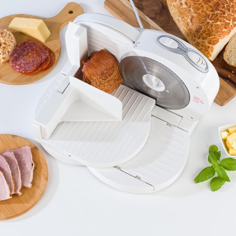 Progress EK3683P Compact Meat Slicer, Electric Food Cutter, 150 W, 3 Speed, 1-15mm Adjustable Cutting Thickness, Slicing Machine for Cold Cuts, Cheese, Bread, White, 35.5 x 27.5 x 22 cm - Image 4